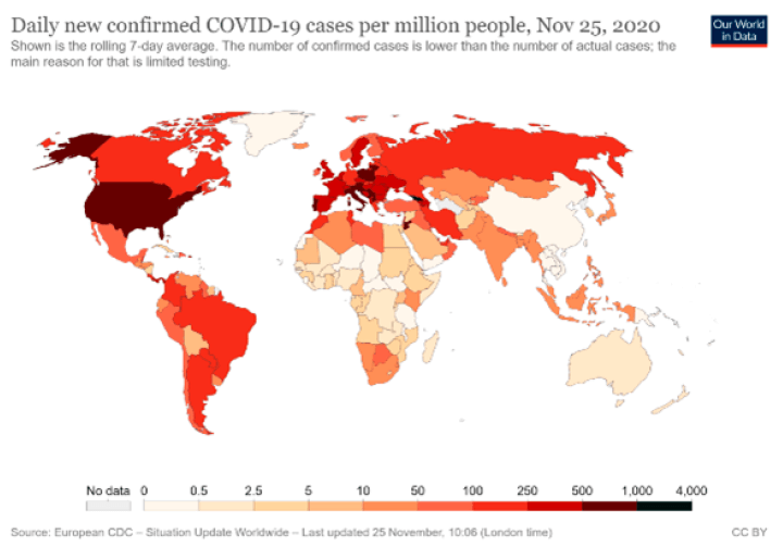 Figura 2. Tasas por millón de habitantes de COVID-19 hasta el 25 de noviembre de 2020.