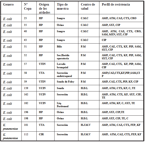 Tabla 1: Cepas de E. coli y K. pneumoniae con relación clonal, establecidos por REP-PCR y ERIC-PCR, pertenecientes a 4 centros de salud del área metropolitana de Caracas.