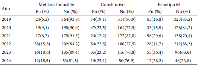 Tabla 3. Frecuencia de cepas de S. aureus de acuerdo con la expresión a metilasa inducible, constitutivo y fenotipo M distribuidos entre los años de estudio 2019-2024